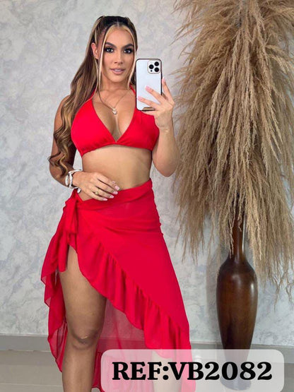 💖TRAJE DE BAÑO DE 3 PIEZAS💖TOP-TANGA-FALDA👙😍
